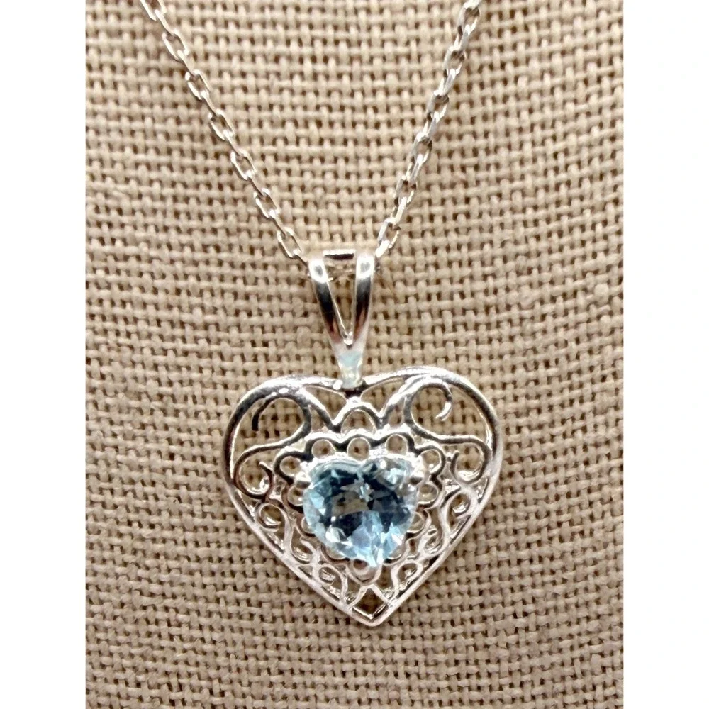 Italy 925 Sterling Silver Blue Topaz Heart Filigree Necklace December birthstone